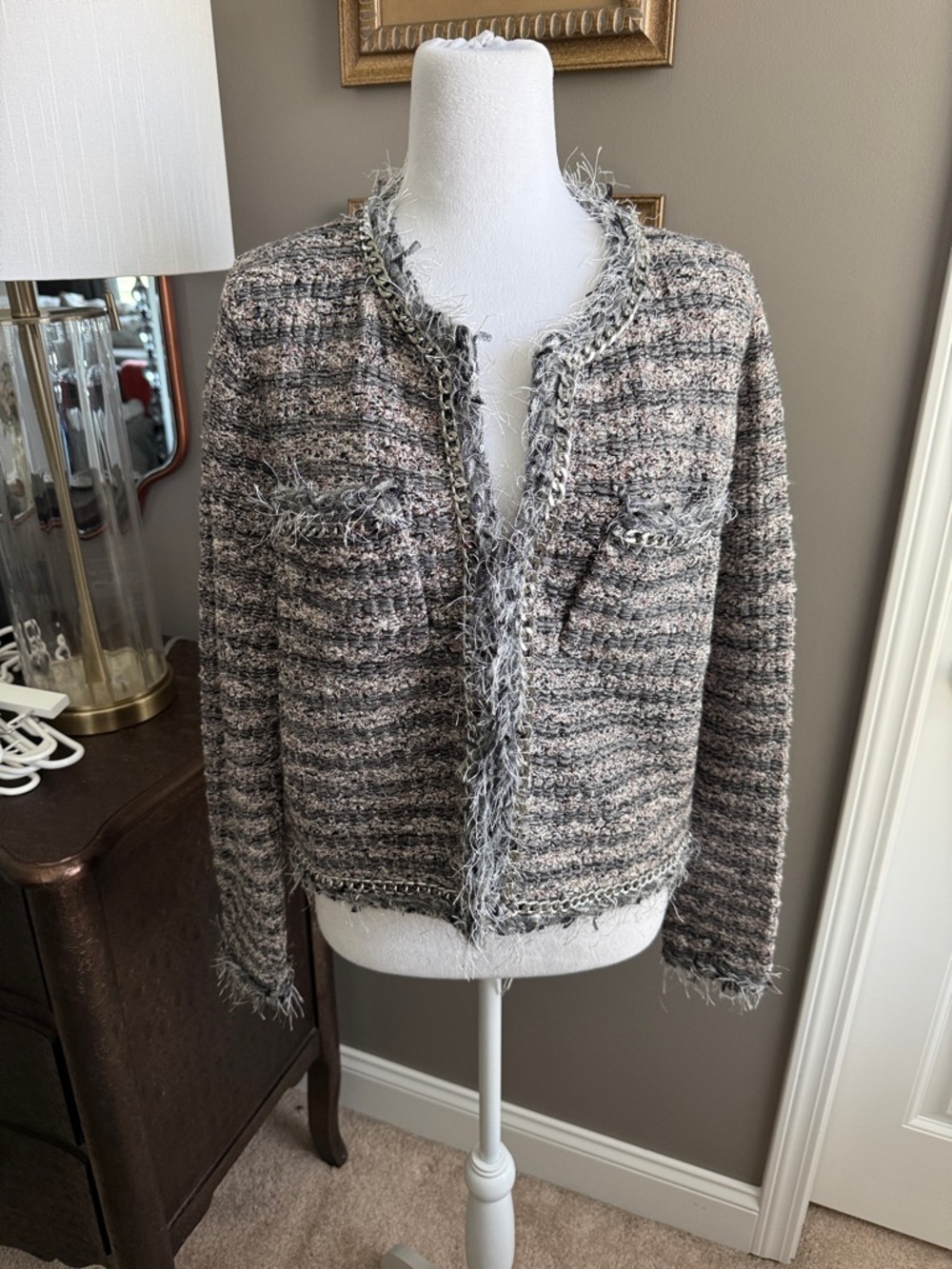 White House Black Market Gray Tweed Fringe Cardigan Jacket